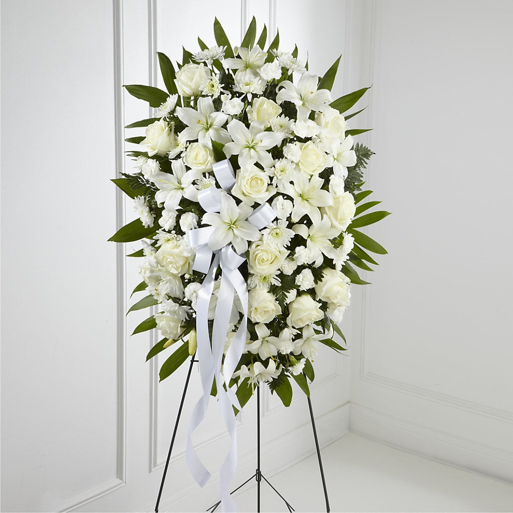 Exquisite Tribute Standing Spray-White Ribbon – A Heavenly Florist, Newport News VA
