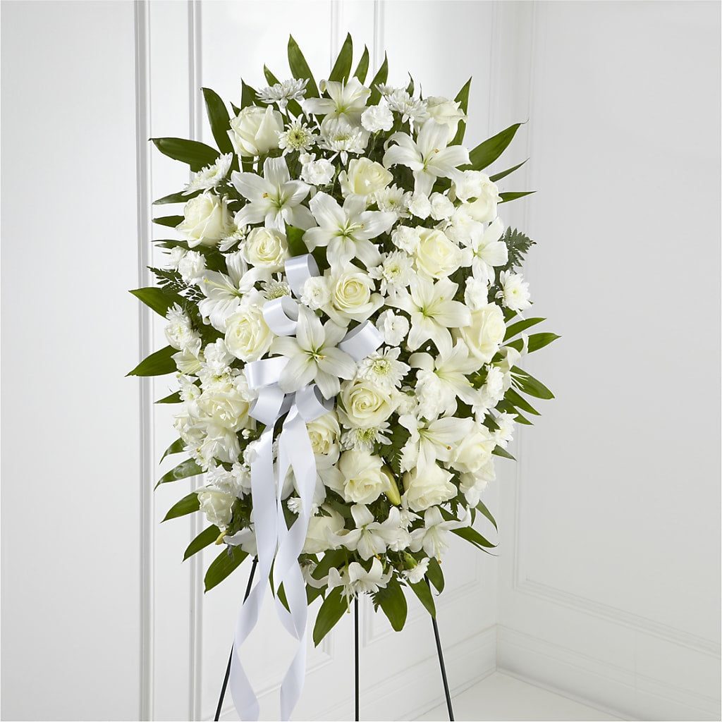 Exquisite Tribute Standing Spray-White Ribbon – A Heavenly Florist, Newport News VA