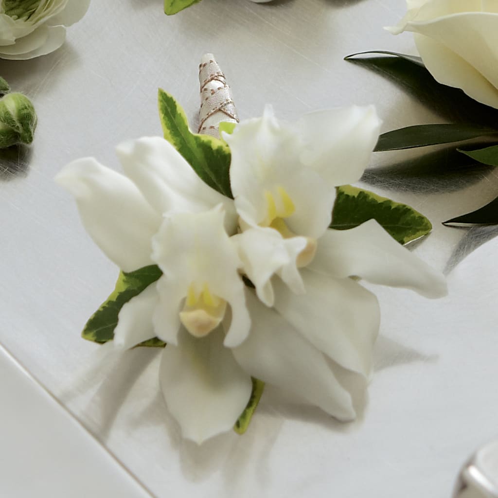 White Mini Cymbidium Boutonniere – A Heavenly Florist, Newport News VA
